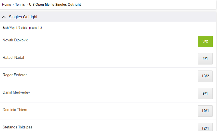 E/W Odds in the US Open Men's Singles Outright