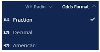 William Hill showing options for Fractional, Decimal or American Odds