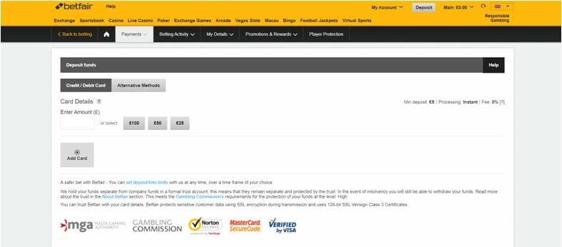 Betfair Banking Page 