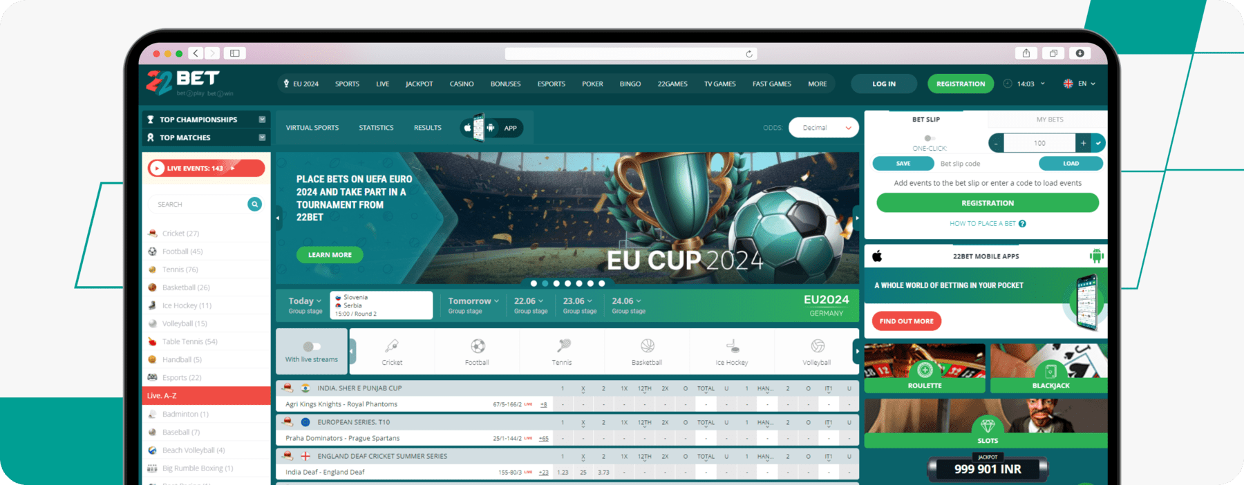 desktop screenshot of 22bet betting site