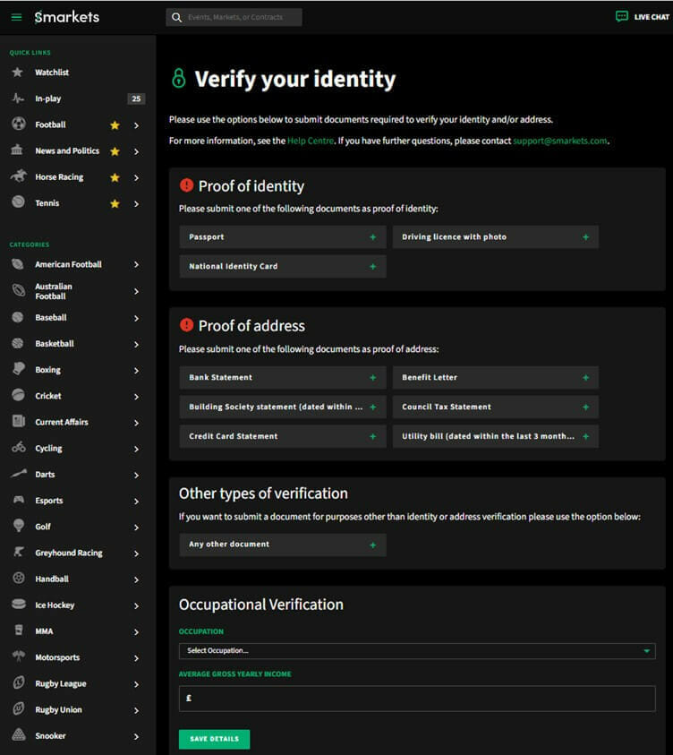 Smarkets account verification screenshot